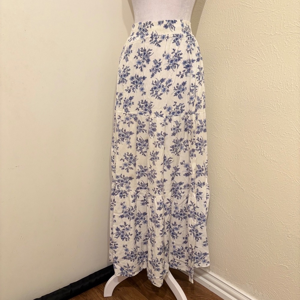 Blue White Floral Tiered Maxi Skirt XL Boho Flowy Cottagecore Prairie Coquette